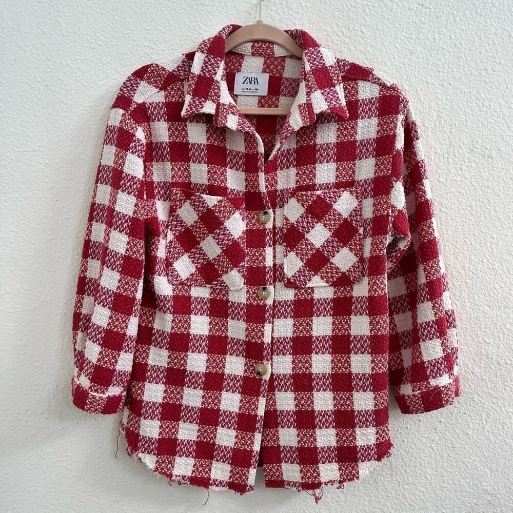 Zara Long Sleeve Button-Front Woven Plaid Shacket Salmon Pink Women's Size 13/14